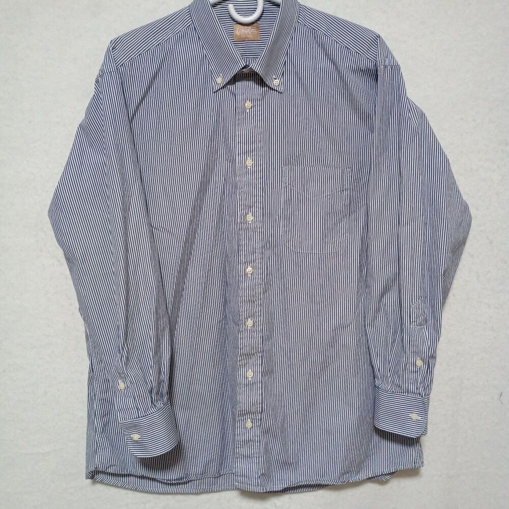 Gitman Bros Button Down Shirt Mens 17 x 33 White Blue Pinstripe Made USA